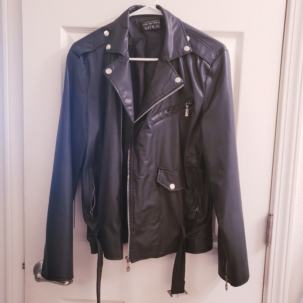Men's Black Leather Biker Jacket Small